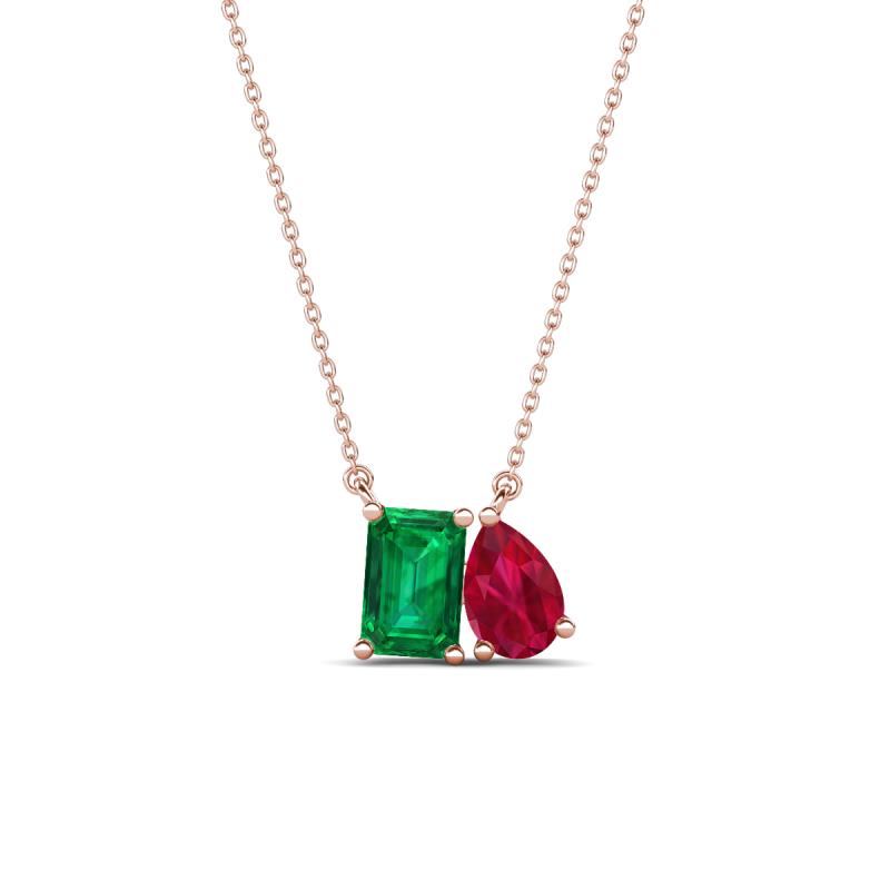 Arika 1.00 ctw Emerald Shape Created Emerald with Pear Shape Created Ruby Toi Et Moi Women Pendant Necklace 
