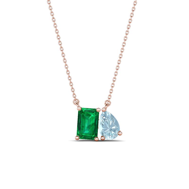 Arika 0.90 ctw Emerald Shape Created Emerald with Pear Shape Aquamarine Toi Et Moi Women Pendant Necklace 