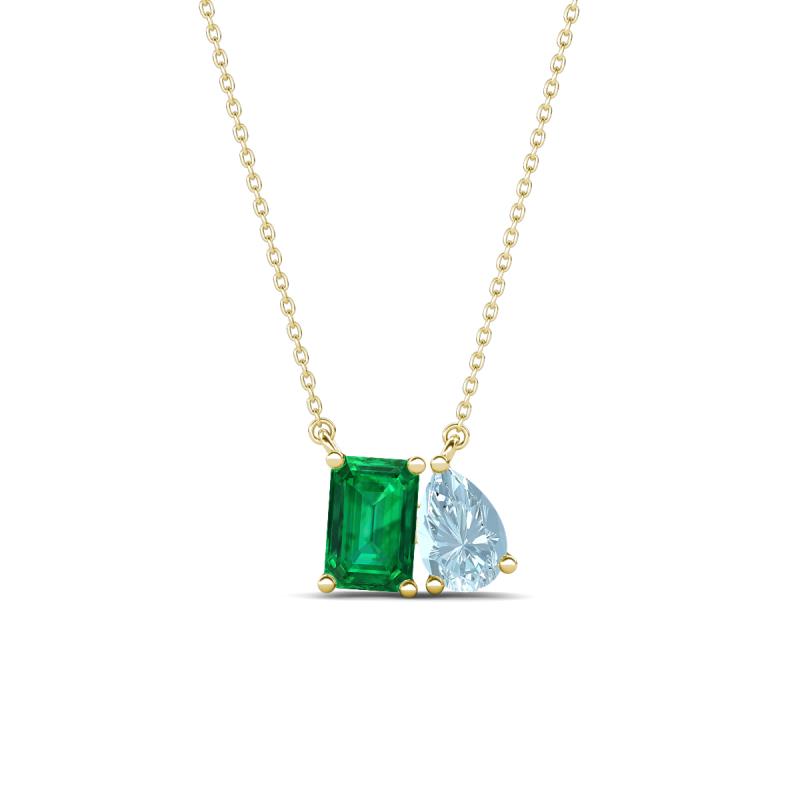 Arika 0.90 ctw Emerald Shape Created Emerald with Pear Shape Aquamarine Toi Et Moi Women Pendant Necklace 