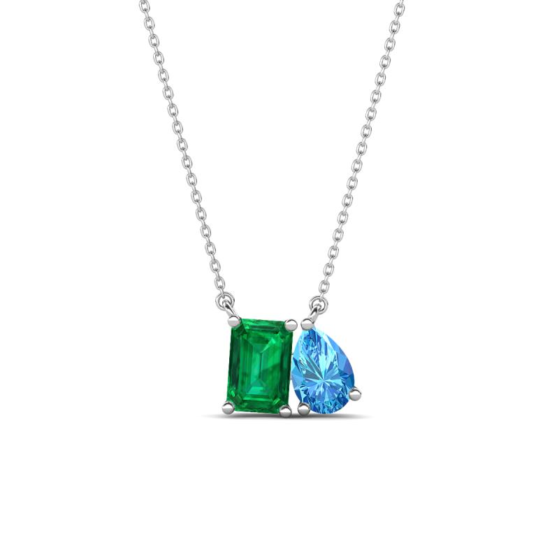 Arika 1.05 ctw Emerald Shape Created Emerald with Pear Shape Blue Topaz Toi Et Moi Women Pendant Necklace 