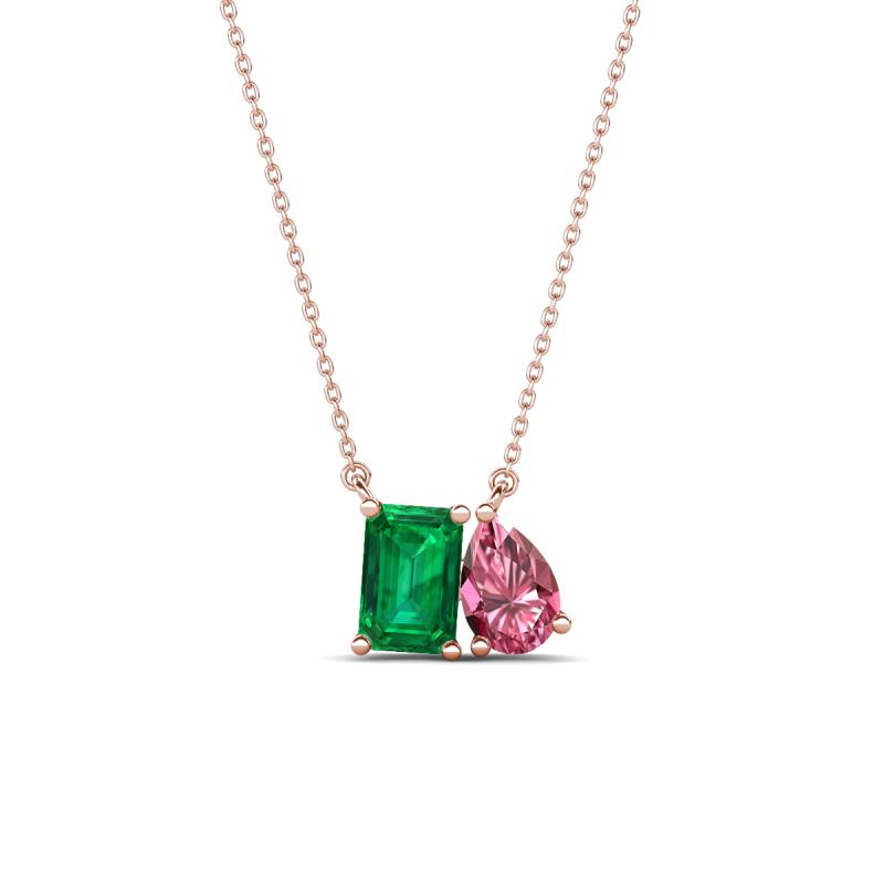 Arika 1.00 ctw Emerald Shape Created Emerald with Pear Shape Pink Tourmaline Toi Et Moi Women Pendant Necklace 