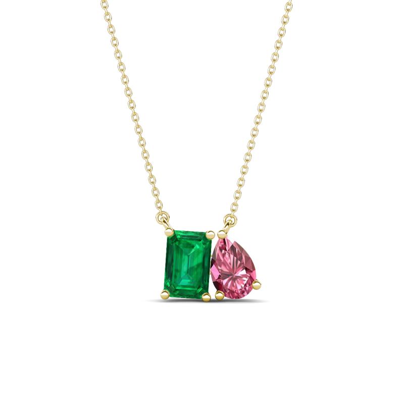 Arika 1.00 ctw Emerald Shape Created Emerald with Pear Shape Pink Tourmaline Toi Et Moi Women Pendant Necklace 