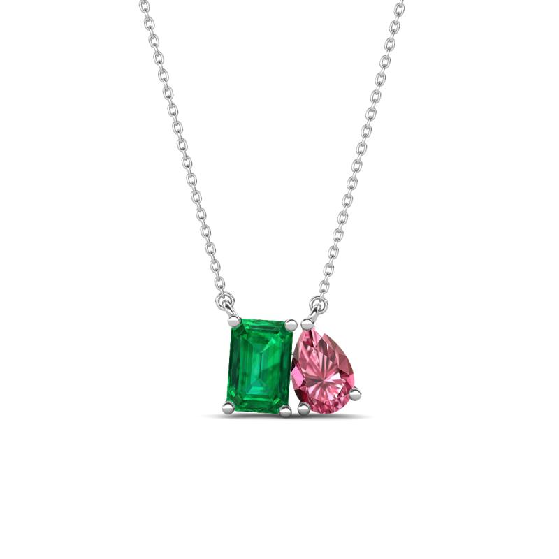 Arika 1.00 ctw Emerald Shape Created Emerald with Pear Shape Pink Tourmaline Toi Et Moi Women Pendant Necklace 