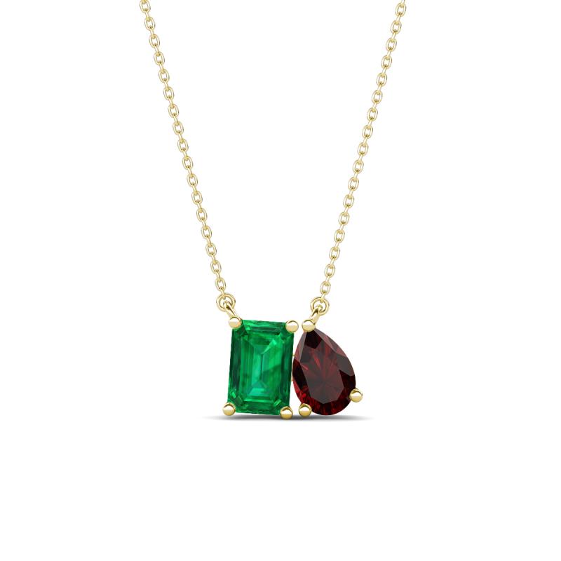 Arika 1.10 ctw Emerald Shape Created Emerald with Pear Shape Red Garnet Toi Et Moi Women Pendant Necklace 