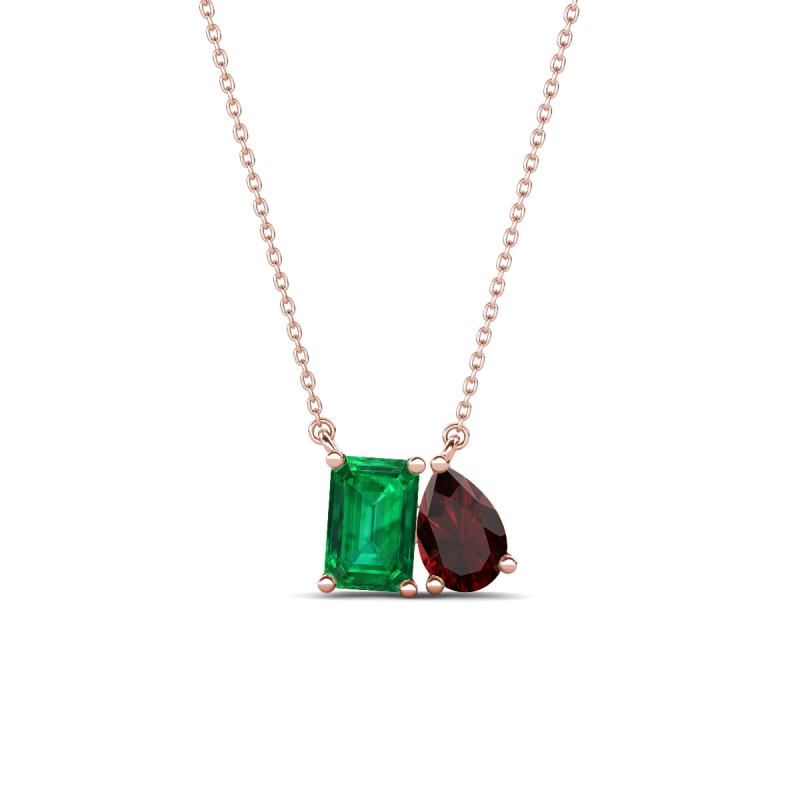 Arika 1.10 ctw Emerald Shape Created Emerald with Pear Shape Red Garnet Toi Et Moi Women Pendant Necklace 