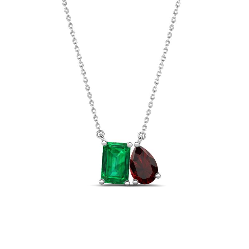 Arika 1.10 ctw Emerald Shape Created Emerald with Pear Shape Red Garnet Toi Et Moi Women Pendant Necklace 