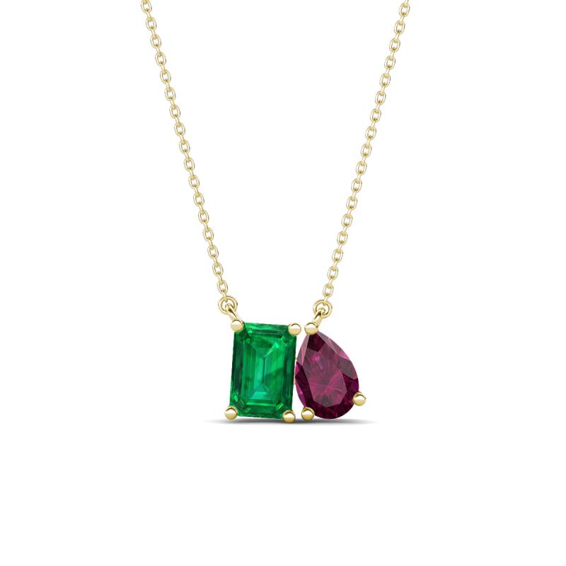 Arika 1.10 ctw Emerald Shape Created Emerald with Pear Shape Rhodolite Garnet Toi Et Moi Women Pendant Necklace 