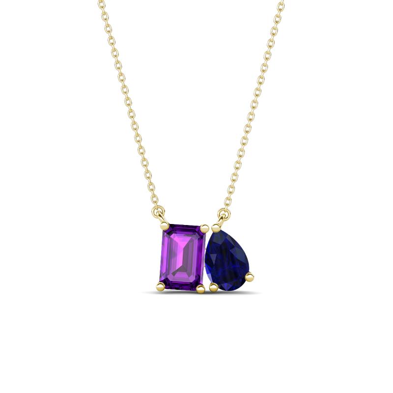 Arika 1.05 ctw Emerald Shape Amethyst with Pear Shape Created Blue Sapphire Toi Et Moi Women Pendant Necklace 