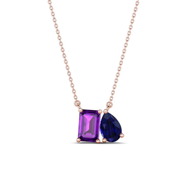 Arika 1.05 ctw Emerald Shape Amethyst with Pear Shape Created Blue Sapphire Toi Et Moi Women Pendant Necklace 