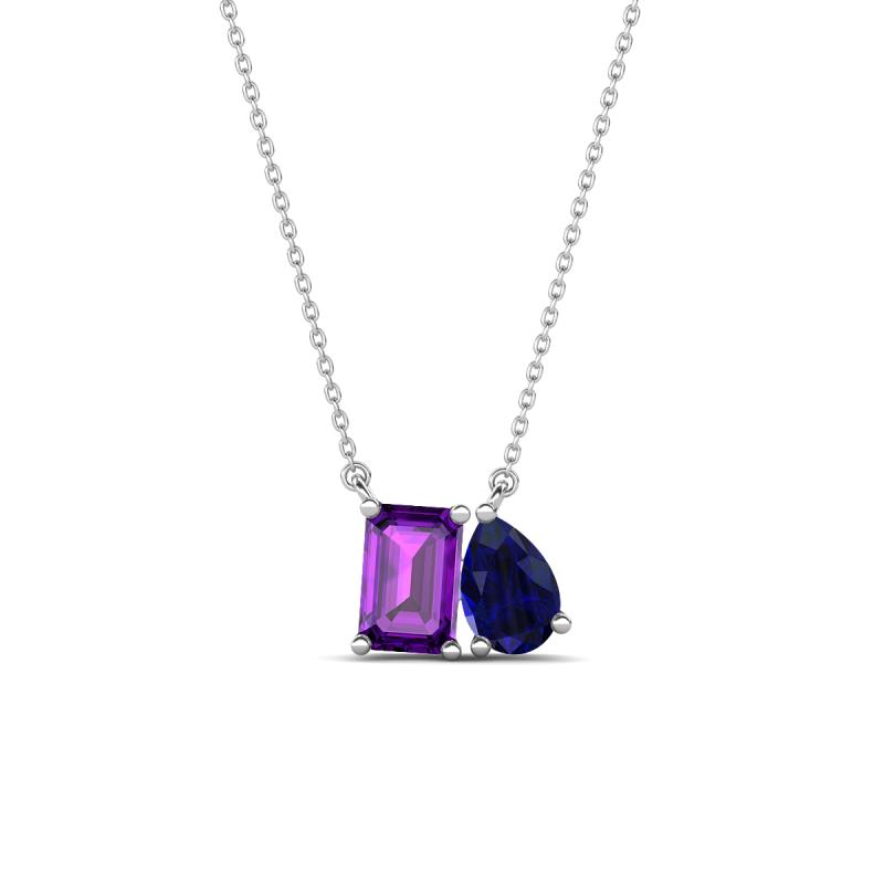 Arika 1.05 ctw Emerald Shape Amethyst with Pear Shape Created Blue Sapphire Toi Et Moi Women Pendant Necklace 