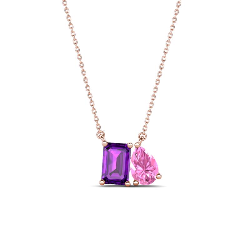 Arika 1.05 ctw Emerald Shape Amethyst with Pear Shape Created Pink Sapphire Toi Et Moi Women Pendant Necklace 
