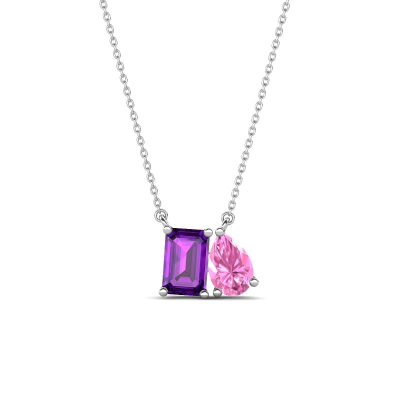 Arika 1.05 ctw Emerald Shape Amethyst with Pear Shape Created Pink Sapphire Toi Et Moi Women Pendant Necklace 