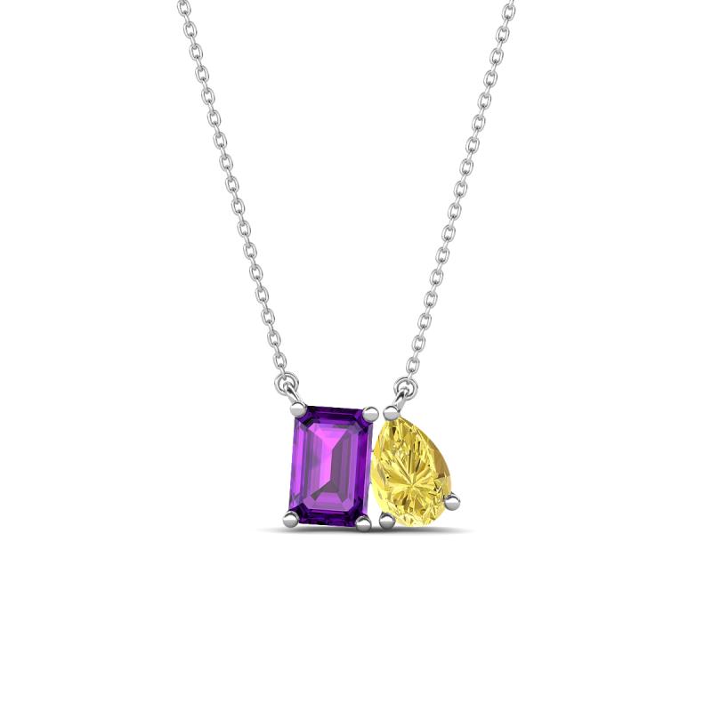 Arika 1.05 ctw Emerald Shape Amethyst with Pear Shape Created Yellow Sapphire Toi Et Moi Women Pendant Necklace 