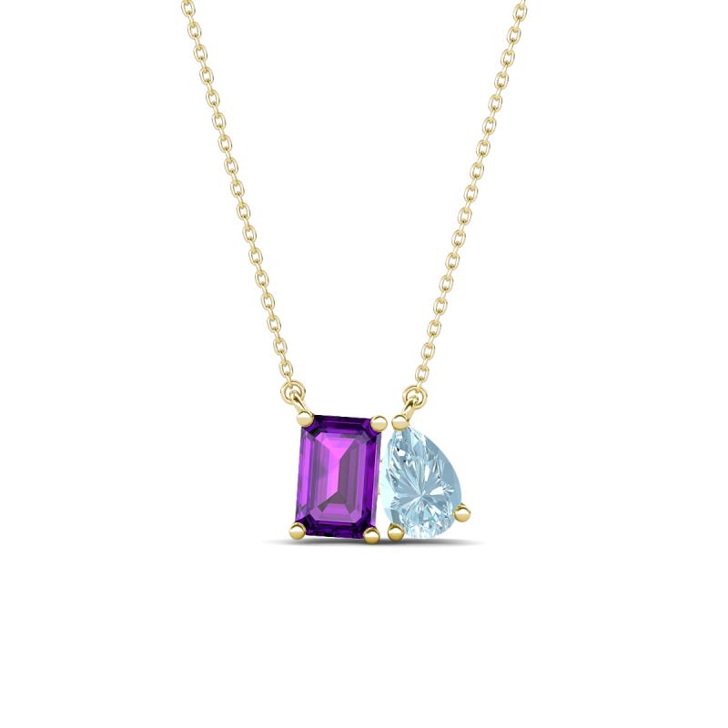 Arika 0.95 ctw Emerald Shape Amethyst with Pear Shape Aquamarine Toi Et Moi Women Pendant Necklace 