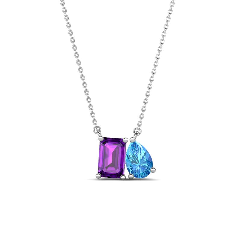 Arika 1.10 ctw Emerald Shape Amethyst with Pear Shape Blue Topaz Toi Et Moi Women Pendant Necklace 