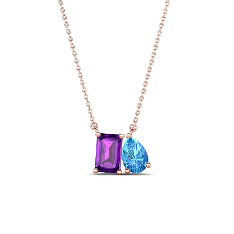 Arika 1.10 ctw Emerald Shape Amethyst with Pear Shape Blue Topaz Toi Et Moi Women Pendant Necklace 
