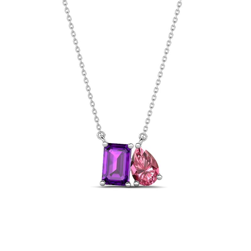 Arika 1.05 ctw Emerald Shape Amethyst with Pear Shape Pink Tourmaline Toi Et Moi Women Pendant Necklace 
