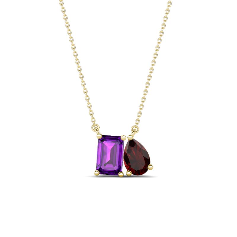 Arika 1.15 ctw Emerald Shape Amethyst with Pear Shape Red Garnet Toi Et Moi Women Pendant Necklace 