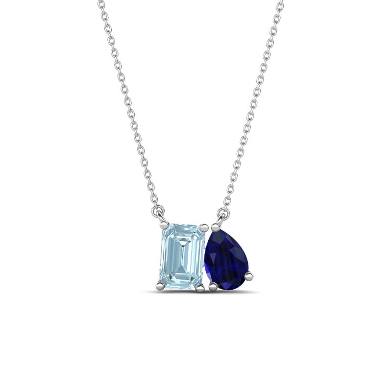 Arika 0.95 ctw Emerald Shape Aquamarine with Pear Shape Created Blue Sapphire Toi Et Moi Women Pendant Necklace 