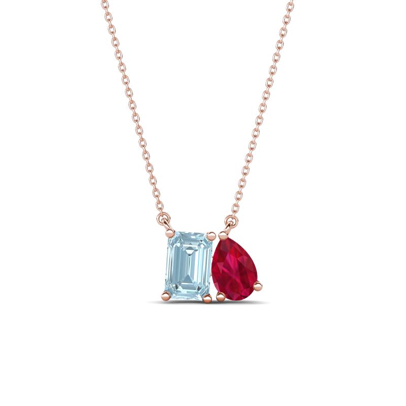 Arika 0.95 ctw Emerald Shape Aquamarine with Pear Shape Created Ruby Toi Et Moi Women Pendant Necklace 