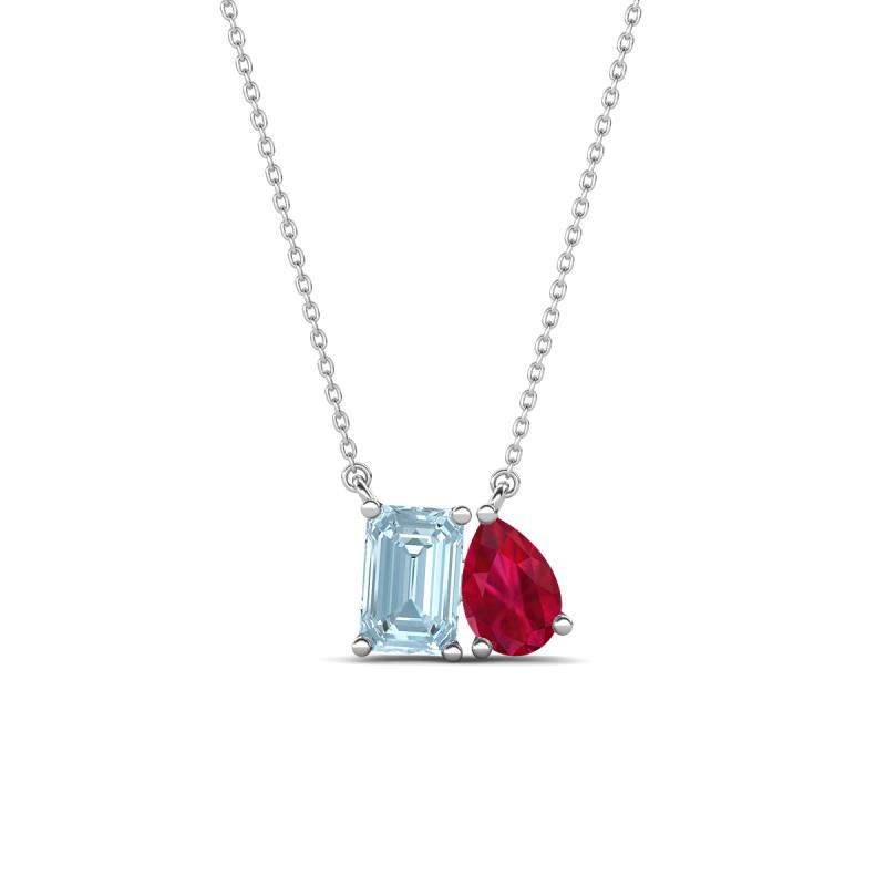 Arika 0.95 ctw Emerald Shape Aquamarine with Pear Shape Created Ruby Toi Et Moi Women Pendant Necklace 