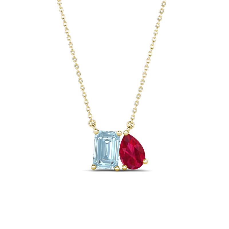 Arika 0.95 ctw Emerald Shape Aquamarine with Pear Shape Created Ruby Toi Et Moi Women Pendant Necklace 