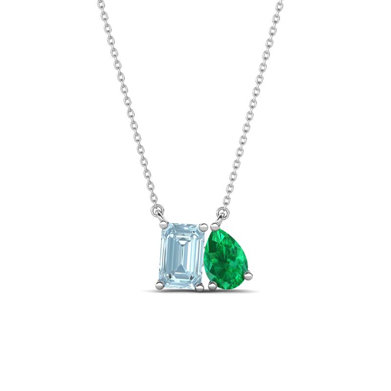 Arika 0.83 ctw Emerald Shape Aquamarine with Pear Shape Created Emerald Toi Et Moi Women Pendant Necklace 