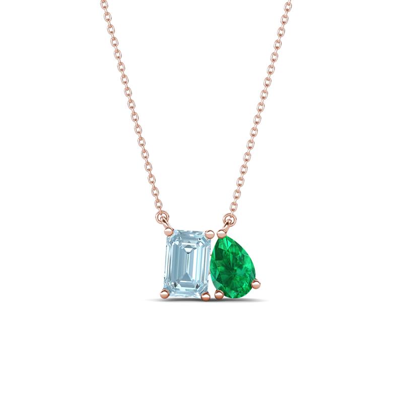 Arika 0.83 ctw Emerald Shape Aquamarine with Pear Shape Created Emerald Toi Et Moi Women Pendant Necklace 