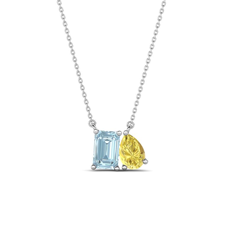 Arika 0.95 ctw Emerald Shape Aquamarine with Pear Shape Created Yellow Sapphire Toi Et Moi Women Pendant Necklace 