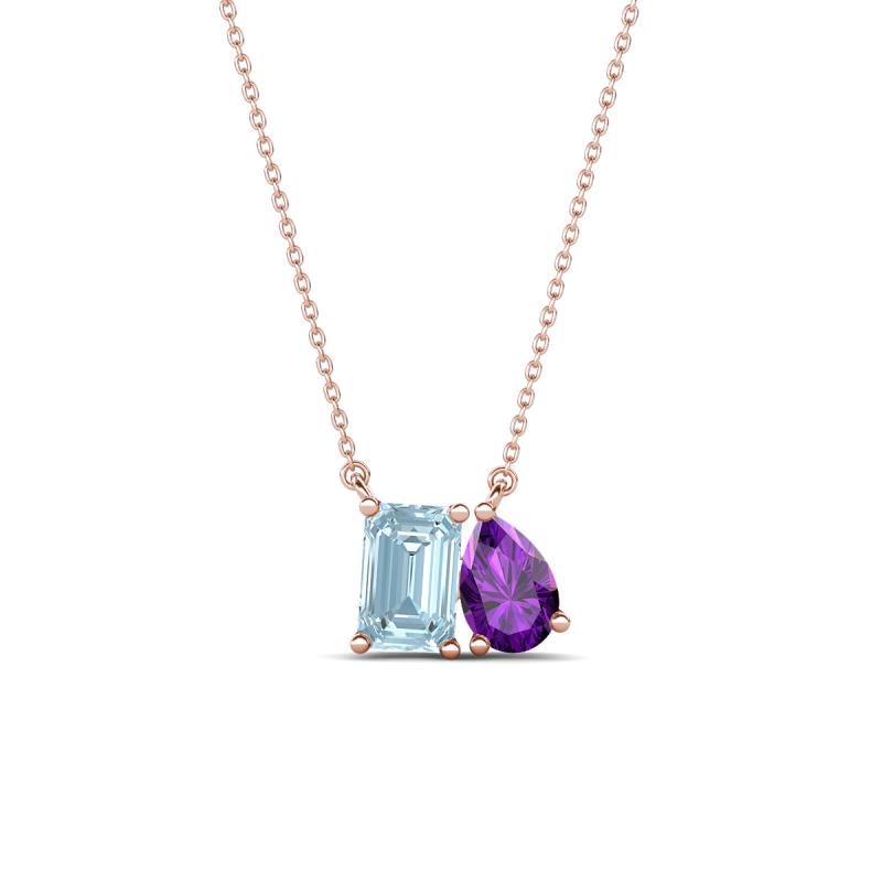 Arika 0.90 ctw Emerald Shape Aquamarine with Pear Shape Amethyst Toi Et Moi Women Pendant Necklace 