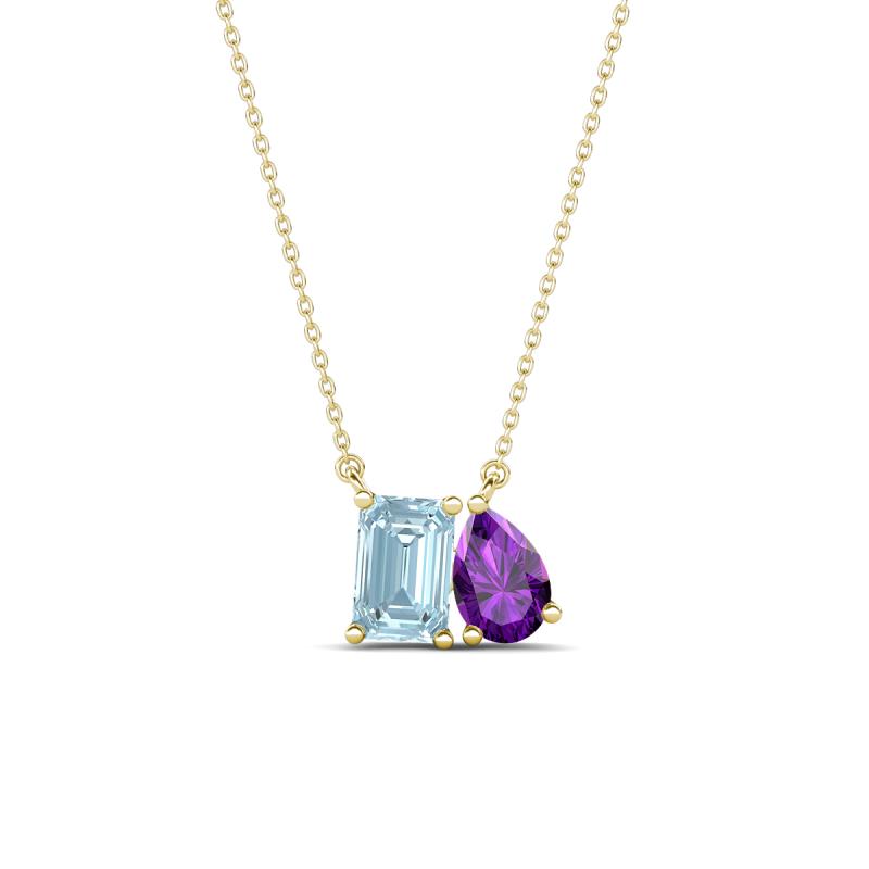 Arika 0.90 ctw Emerald Shape Aquamarine with Pear Shape Amethyst Toi Et Moi Women Pendant Necklace 