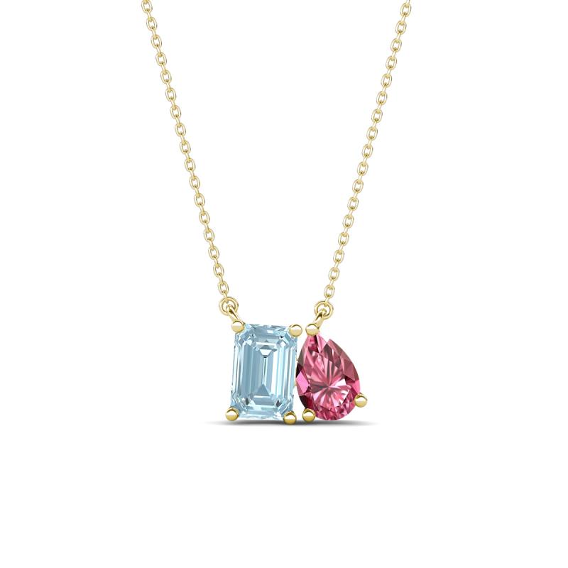 Arika 0.95 ctw Emerald Shape Aquamarine with Pear Shape Pink Tourmaline Toi Et Moi Women Pendant Necklace 