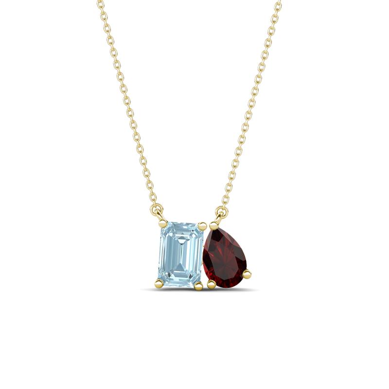 Arika 1.05 ctw Emerald Shape Aquamarine with Pear Shape Red Garnet Toi Et Moi Women Pendant Necklace 