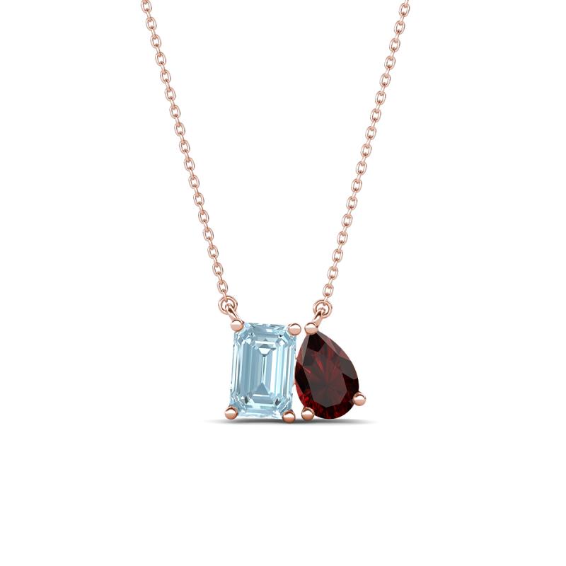 Arika 1.05 ctw Emerald Shape Aquamarine with Pear Shape Red Garnet Toi Et Moi Women Pendant Necklace 