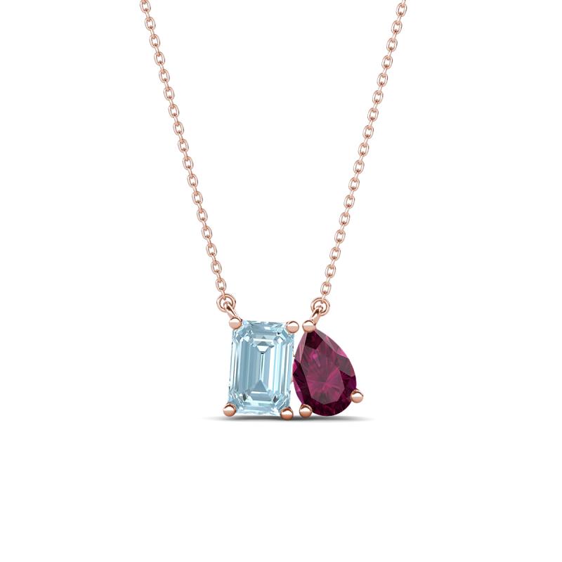 Arika 1.05 ctw Emerald Shape Aquamarine with Pear Shape Rhodolite Garnet Toi Et Moi Women Pendant Necklace 