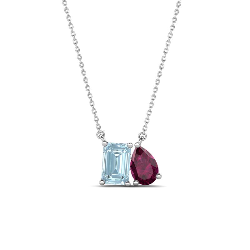Arika 1.05 ctw Emerald Shape Aquamarine with Pear Shape Rhodolite Garnet Toi Et Moi Women Pendant Necklace 