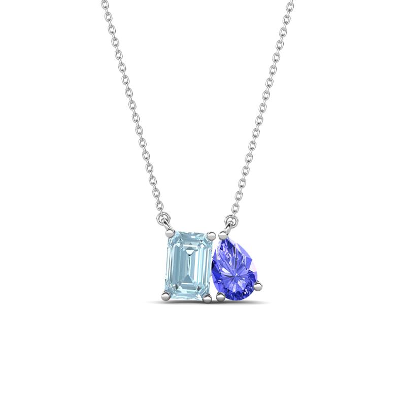 Arika 0.95 ctw Emerald Shape Aquamarine with Pear Shape Tanzanite Toi Et Moi Women Pendant Necklace 