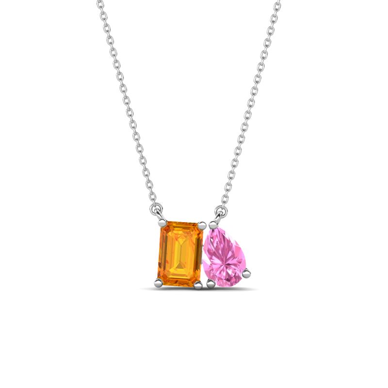 Arika 1.00 ctw Emerald Shape Citrine with Pear Shape Created Pink Sapphire Toi Et Moi Women Pendant Necklace 