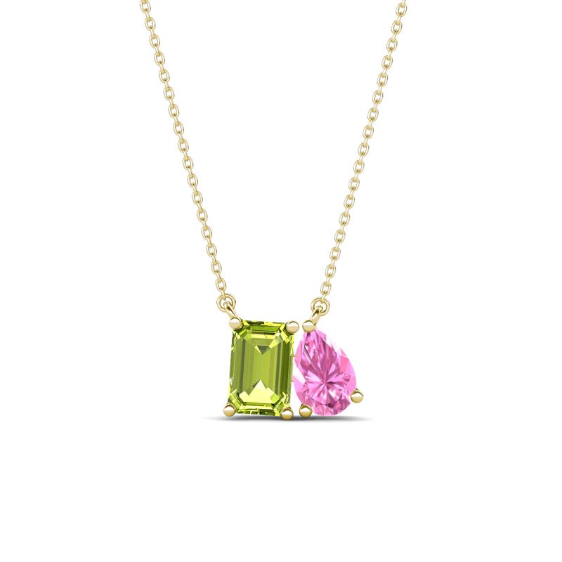 Arika 1.15 ctw Emerald Shape Peridot with Pear Shape Created Pink Sapphire Toi Et Moi Women Pendant Necklace 