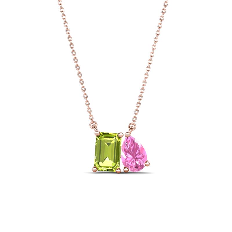 Arika 1.15 ctw Emerald Shape Peridot with Pear Shape Created Pink Sapphire Toi Et Moi Women Pendant Necklace 