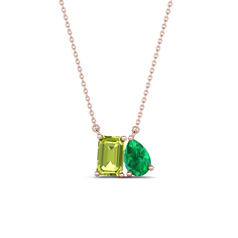 Arika 1.03 ctw Emerald Shape Peridot with Pear Shape Created Emerald Toi Et Moi Women Pendant Necklace 