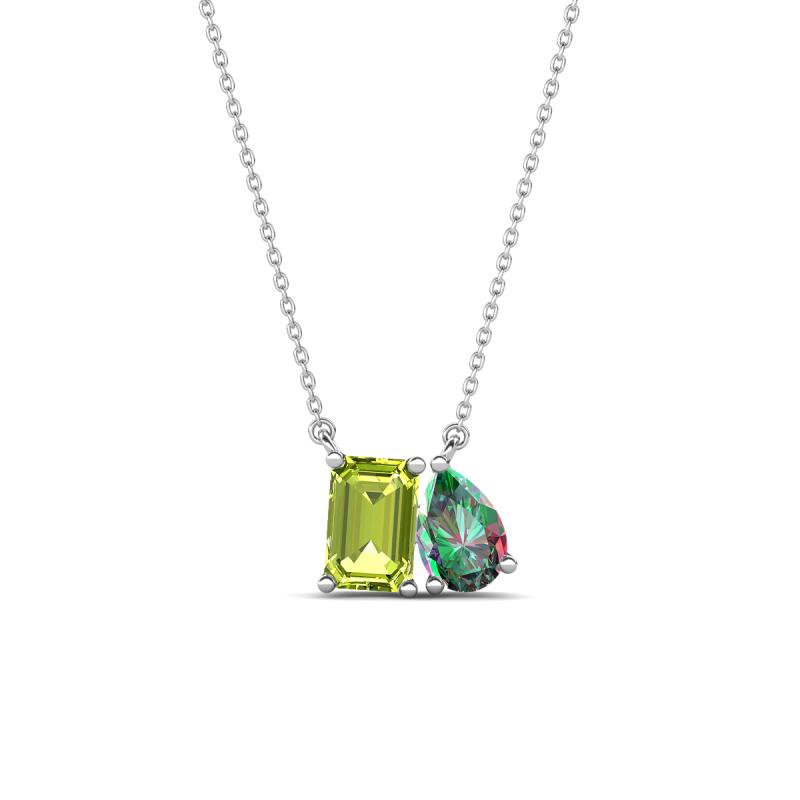 Arika 1.19 ctw Emerald Shape Peridot with Pear Shape Created Alexandrite Toi Et Moi Women Pendant Necklace 