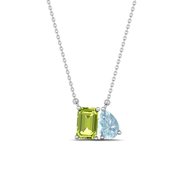 Arika 1.05 ctw Emerald Shape Peridot with Pear Shape Aquamarine Toi Et Moi Women Pendant Necklace 