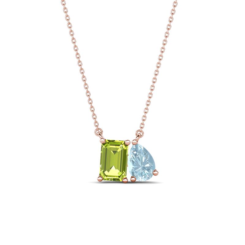 Arika 1.05 ctw Emerald Shape Peridot with Pear Shape Aquamarine Toi Et Moi Women Pendant Necklace 