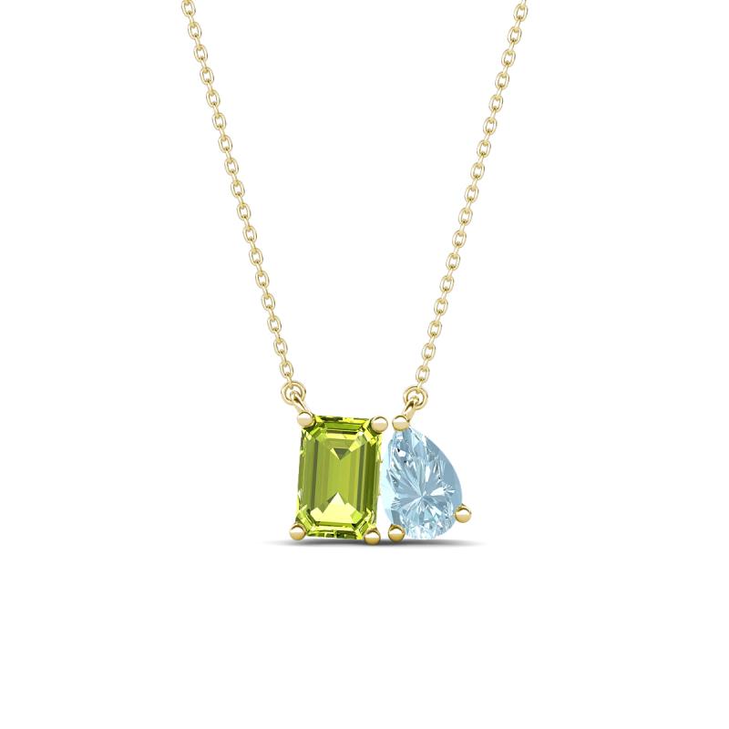 Arika 1.05 ctw Emerald Shape Peridot with Pear Shape Aquamarine Toi Et Moi Women Pendant Necklace 