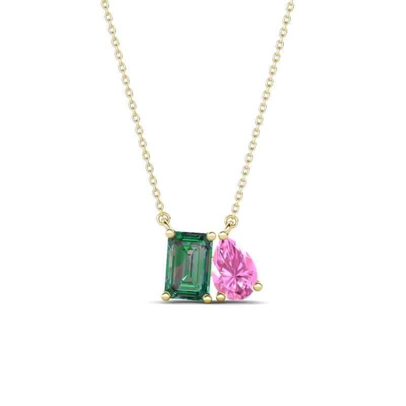 Arika 1.26 ctw Emerald Shape Created Alexandrite with Pear Shape Created Pink Sapphire Toi Et Moi Women Pendant Necklace 