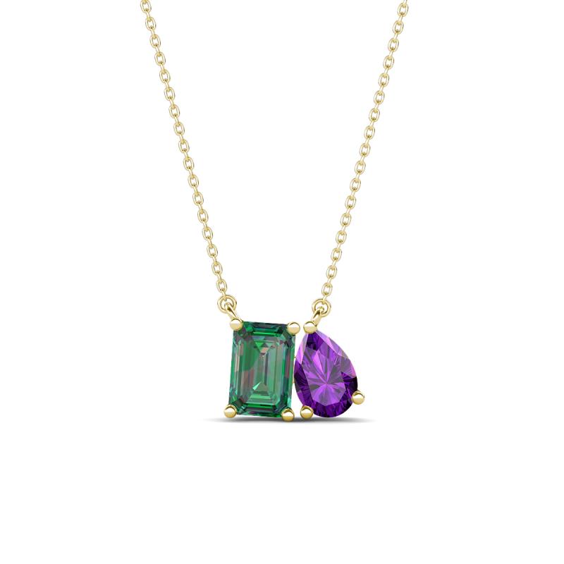 Arika 1.21 ctw Emerald Shape Created Alexandrite with Pear Shape Amethyst Toi Et Moi Women Pendant Necklace 