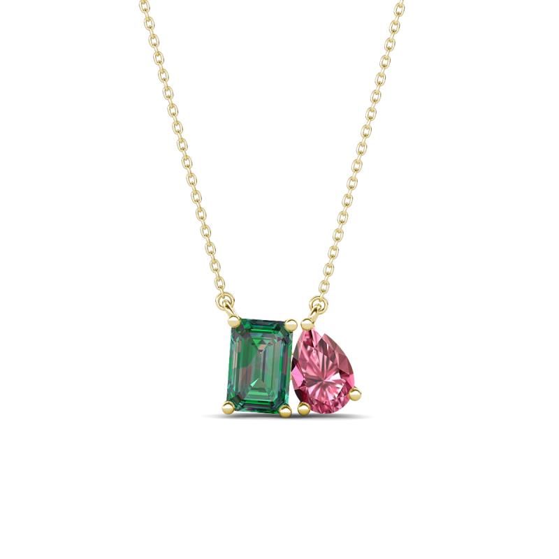 Arika 1.26 ctw Emerald Shape Created Alexandrite with Pear Shape Pink Tourmaline Toi Et Moi Women Pendant Necklace 