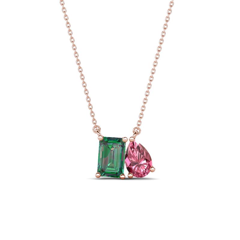 Arika 1.26 ctw Emerald Shape Created Alexandrite with Pear Shape Pink Tourmaline Toi Et Moi Women Pendant Necklace 