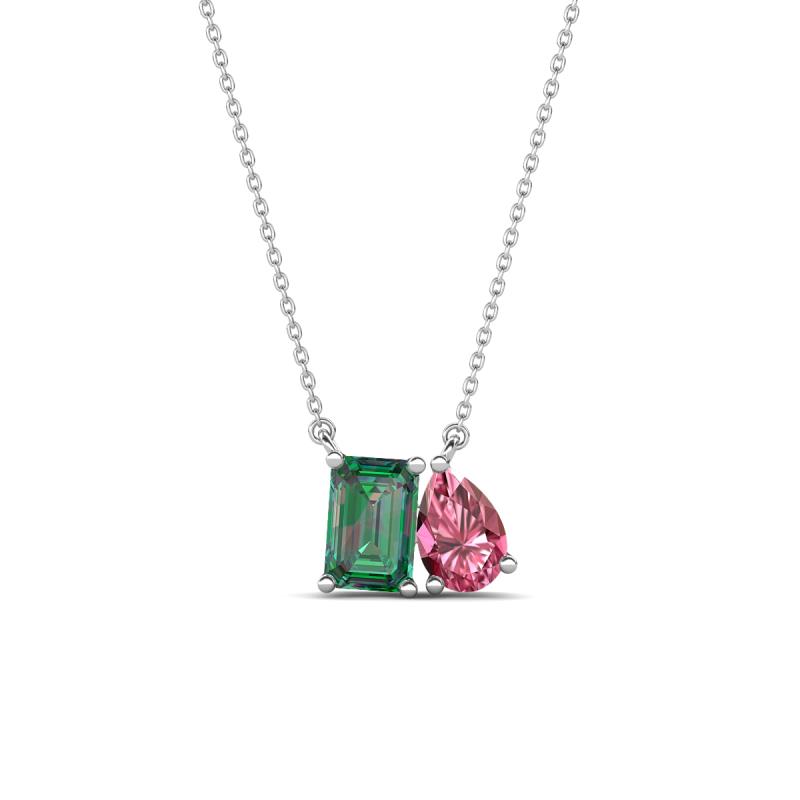 Arika 1.26 ctw Emerald Shape Created Alexandrite with Pear Shape Pink Tourmaline Toi Et Moi Women Pendant Necklace 